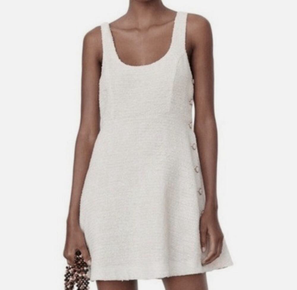 NWT Zara Sz M Womens White Tweed Scoop Neck Button Mini Dress Preppy Chic